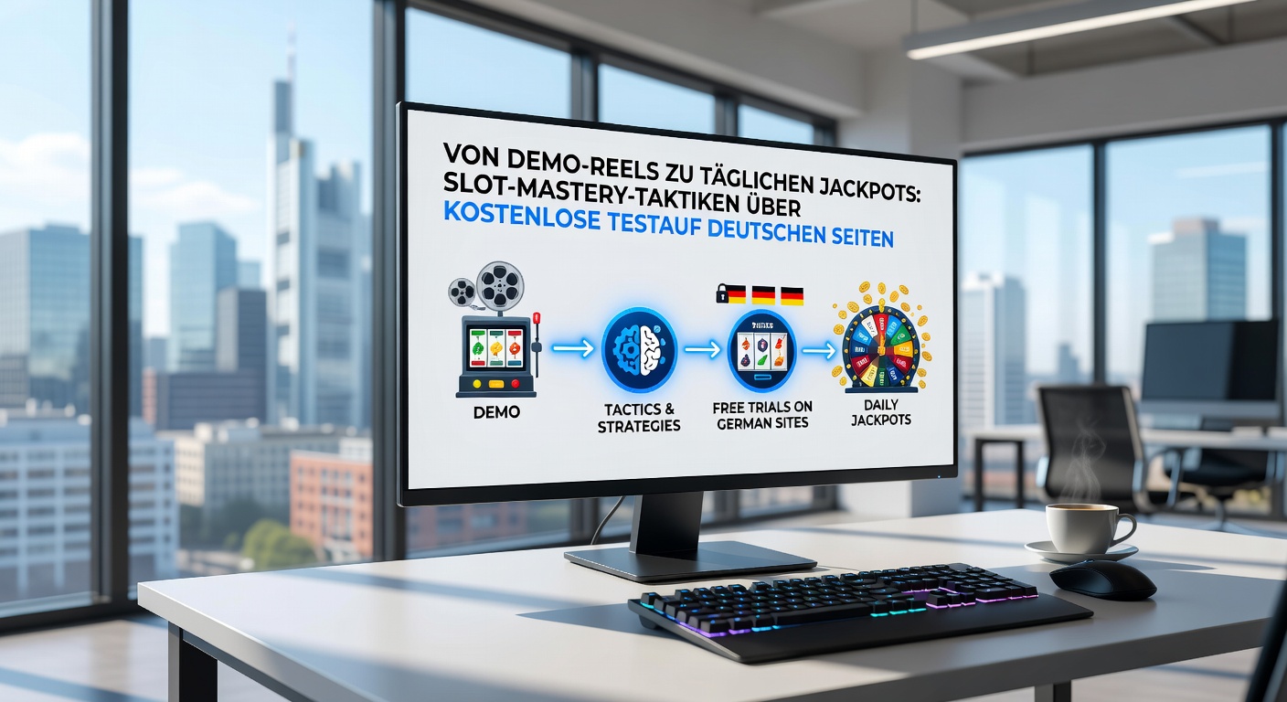 Spieler am Handy mit Free-Trial-Slot, Jackpot-Anzeige und deutschen Casino-Logos im Hintergrund