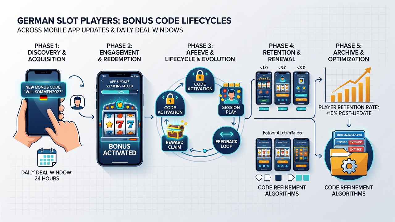 Grafik zu zeitgesteuerten Bonuscode-Lebenszyklen in deutschen mobilen Slot-Apps während täglicher Deal-Fenster im August 2026