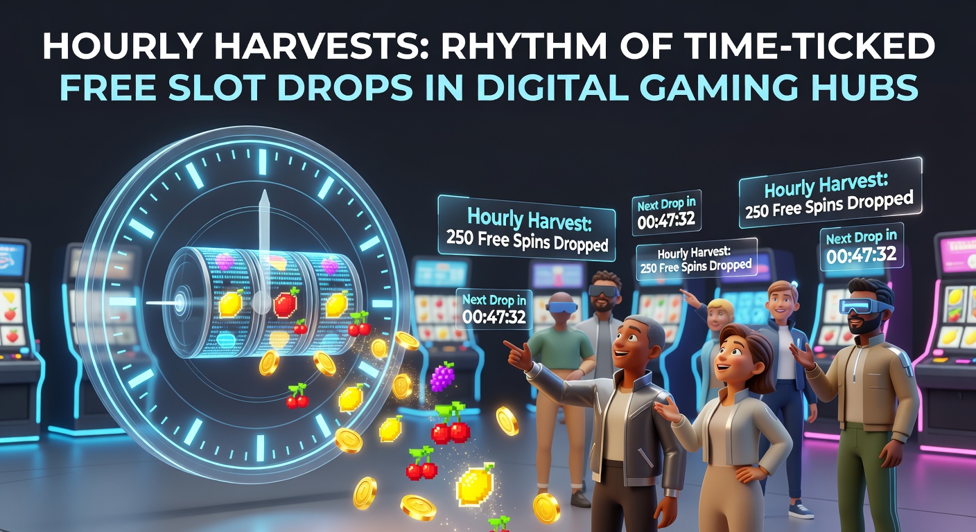 Grafik zeigt einen digitalen Slot-Automaten mit stündlich tickenden Free-Spin-Drops und einem Timer, der den Rhythmus der Ernten visualisiert