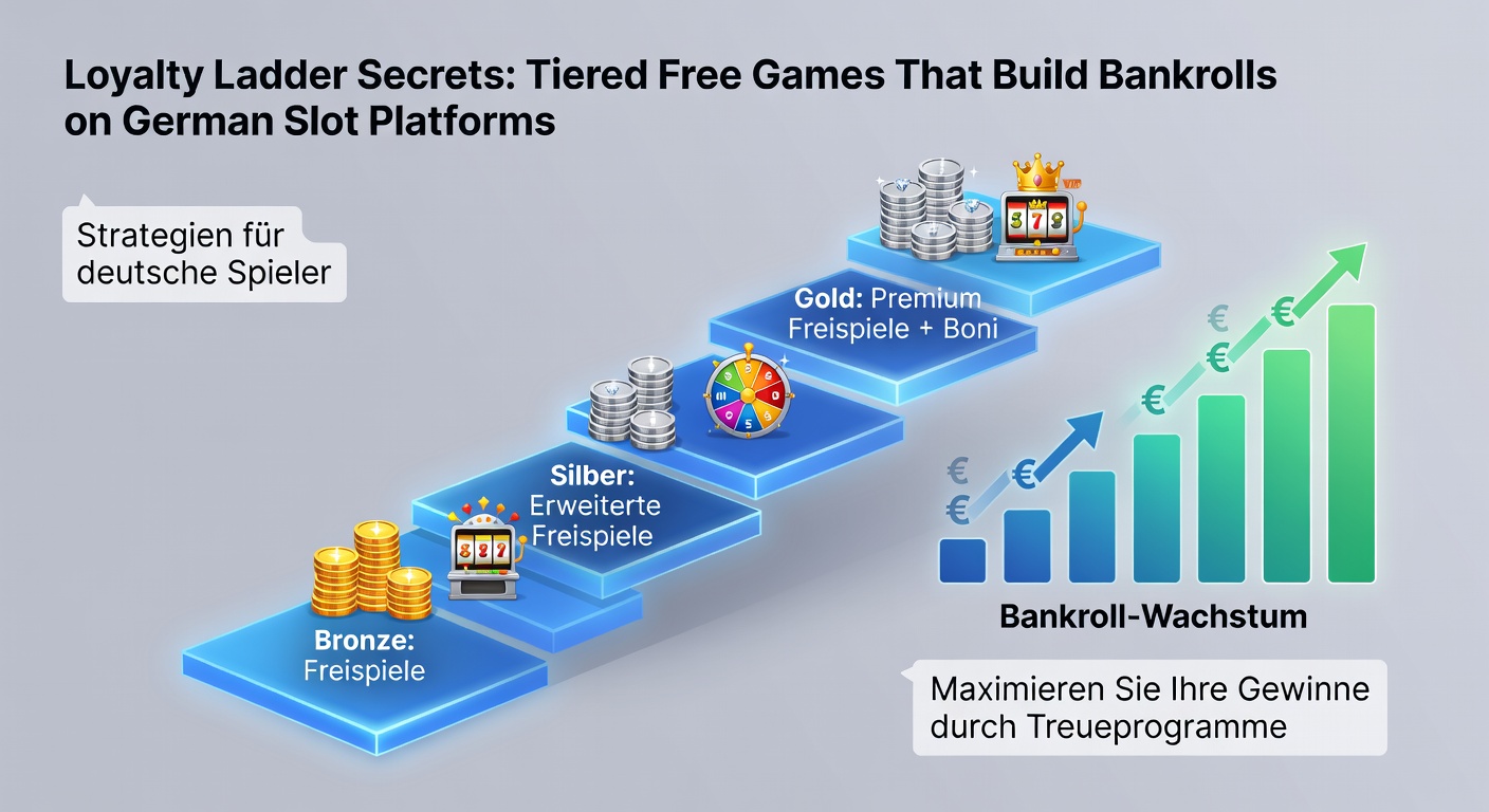 Detaillierte Darstellung einer Loyalty-Leiter mit Stufen von Bronze bis Diamond, inklusive Free-Spin-Symbolen und wachsenden Bankroll-Icons auf einer deutschen Slot-Plattform