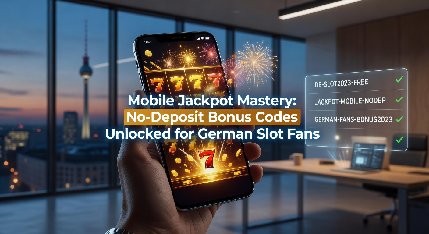 Smartphone mit leuchtendem Jackpot-Slot und No-Deposit-Bonus-Code auf dem Bildschirm, umgeben von deutschen Slot-Symbolen