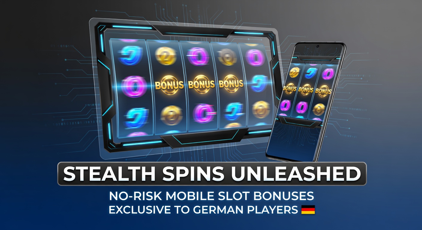 Smartphone mit leuchtenden Slot-Rollen und Bonus-Symbolen auf dunklem Hintergrund, das risikofreie Spins symbolisiert