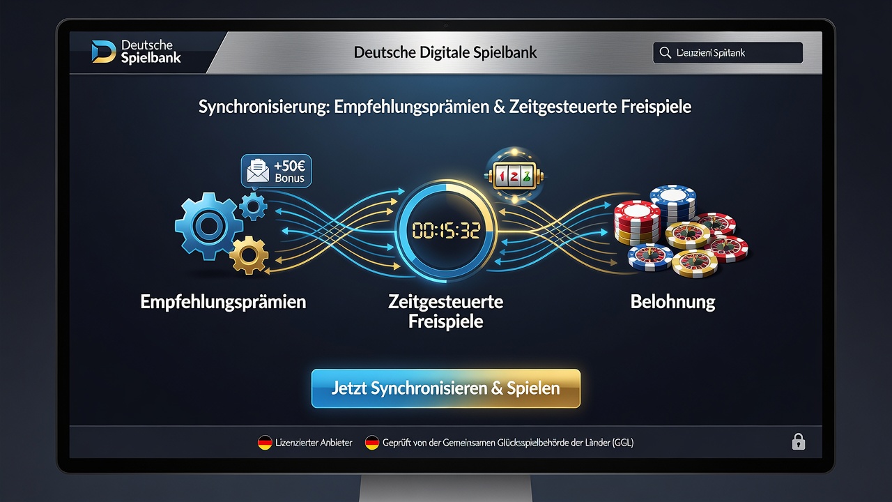 Grafische Übersicht über Synchronisationsprozesse von Referral-Belohnungen und zeitbegrenzten Freispins in regulierten deutschen Casinos